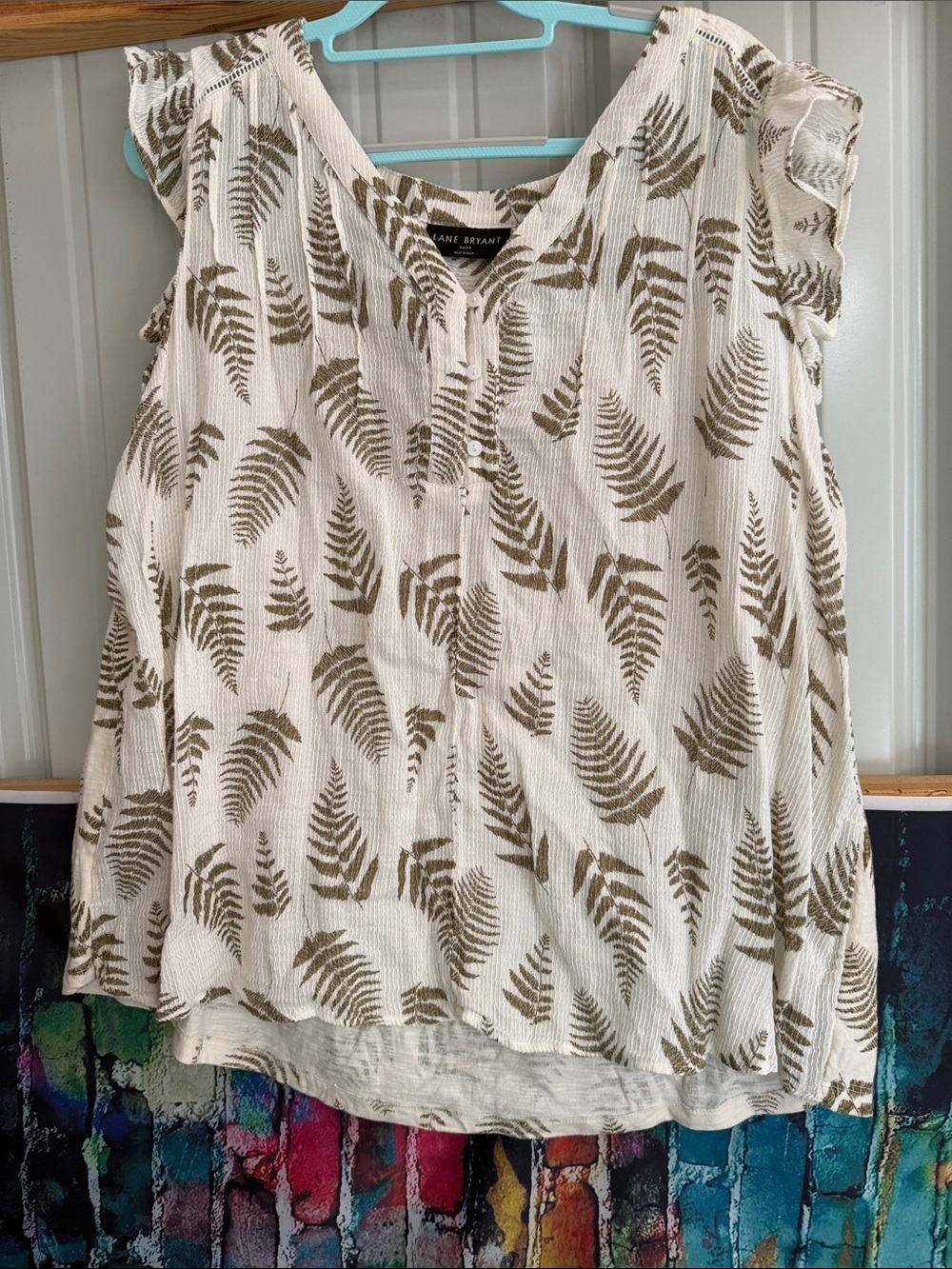 Lane Bryant Cream Blouse with Olive Fern Print